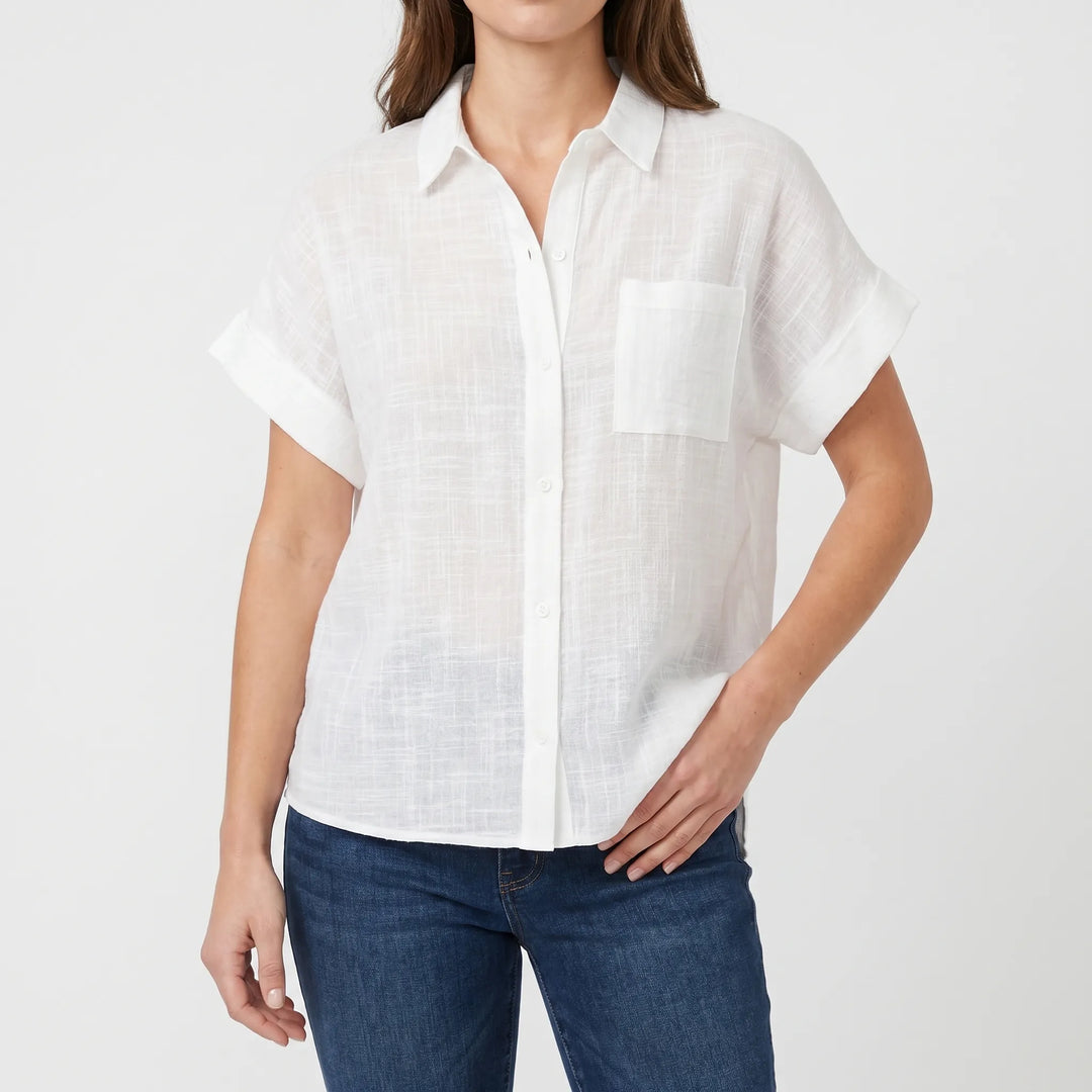 Lightweight women's short sleeve button-down blouse, perfect for a relaxed summer fashion look.