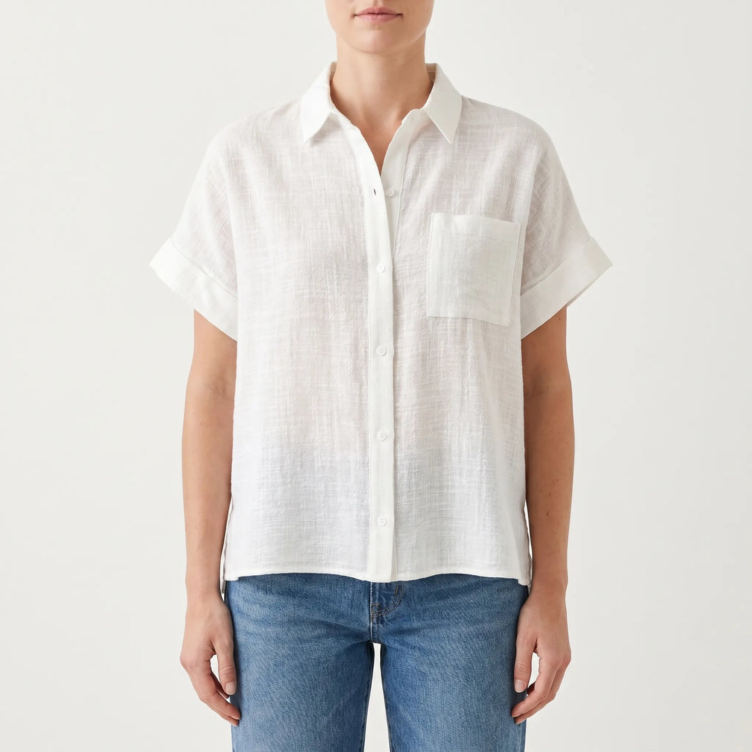 Relaxed fit women's casual short sleeve button-down top, ideal for summer and everyday fashion.