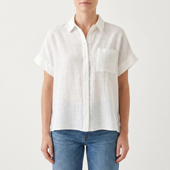 Relaxed fit women's casual short sleeve button-down top, ideal for summer and everyday fashion.