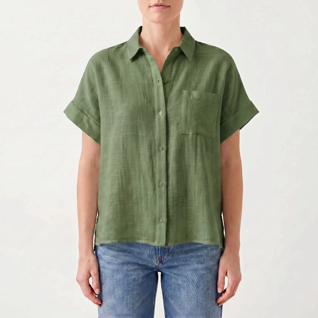 Women's relaxed fit short sleeve button-down shirt, a comfortable and stylish casual summer top.