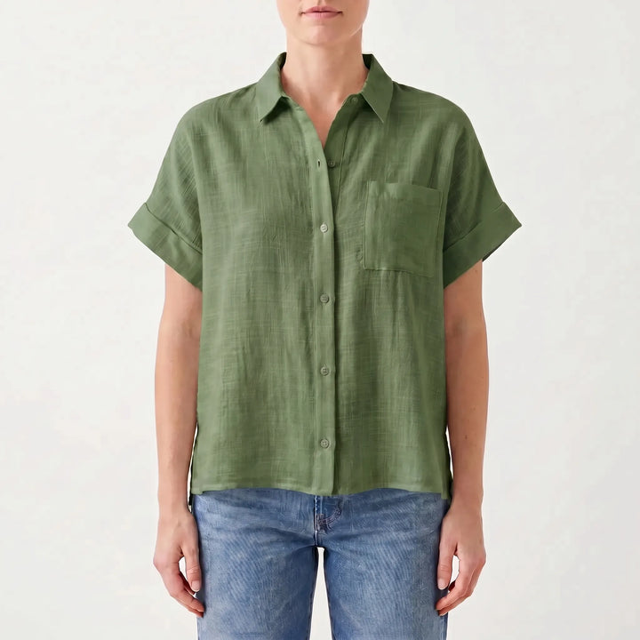 Women's relaxed fit short sleeve button-down shirt, a comfortable and stylish casual summer top.