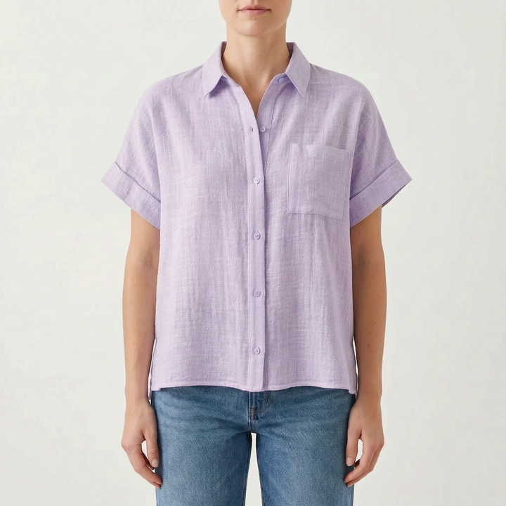 Versatile women's casual short sleeve button-down top for everyday comfort and chic summer style.