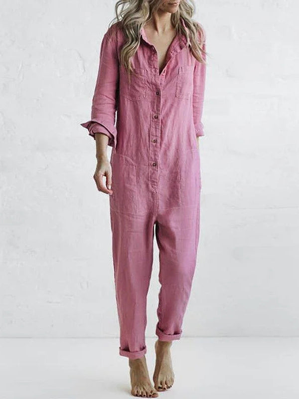 Plus size women's casual jumpsuit, button-front design with utility pockets, perfect for everyday fashion.