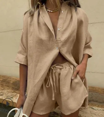 Relaxed fit button up shirt & elastic waist shorts. Comfortable women's two-piece set for loungewear or vacation.