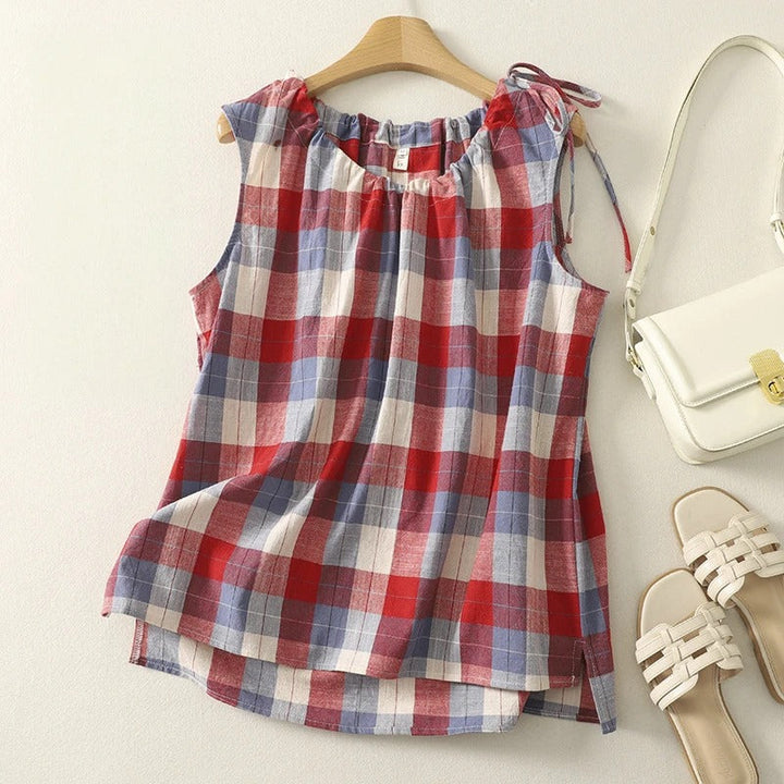 Women's casual checkered sleeveless top with stylish tie neck, perfect for summer warm weather.