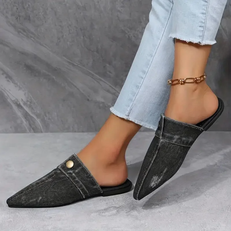 Comfortable women's pointed toe mule slides with button detail, great for summer casual chic style.