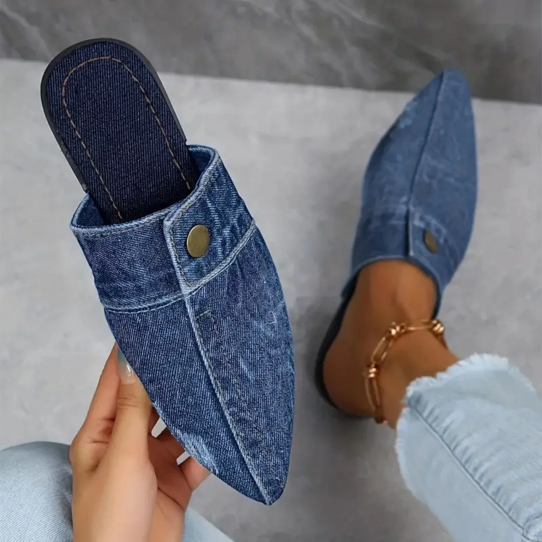Fashionable women's slip-on mule slides, pointed toe, button detail, for chic & comfortable spring fashion.