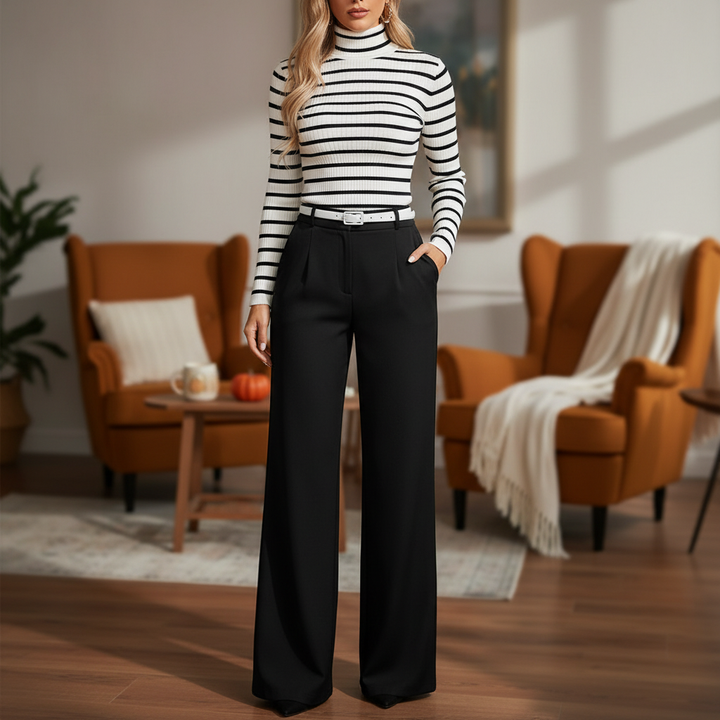 Women's casual chic striped long-sleeve top and matching wide-leg trousers two-piece set, fall fashion.