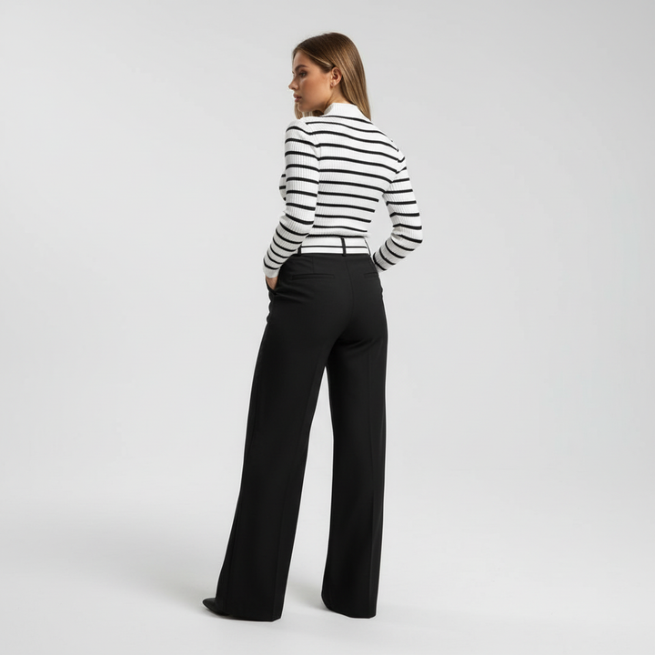 Stylish women's two-piece set with a horizontally striped top and comfortable high-waist wide-leg trousers.