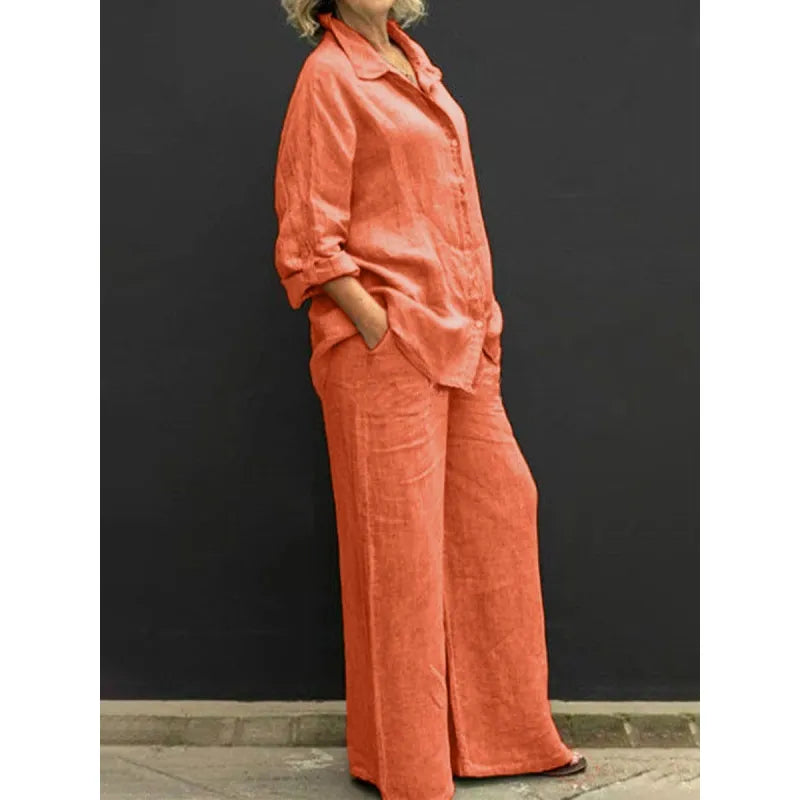 Summer style women's matching outfit: light button-up shirt and breezy wide-leg trousers for sunny days.