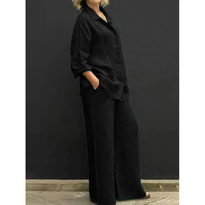 Flowy wide-leg pants from a women's matching set, showcasing the relaxed fit & comfortable design.