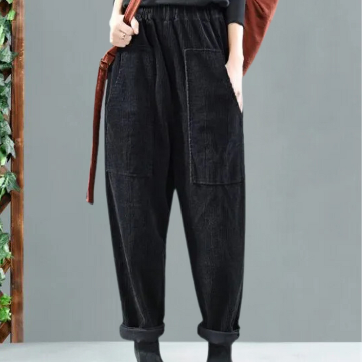 Women's casual corduroy trousers, loose fit, comfortable for fall & winter fashion. Ribbed velvet pants.