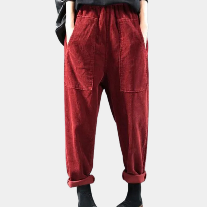 Comfortable women's corduroy loose fit pants, perfect casual fall fashion. Ribbed velvet trousers.