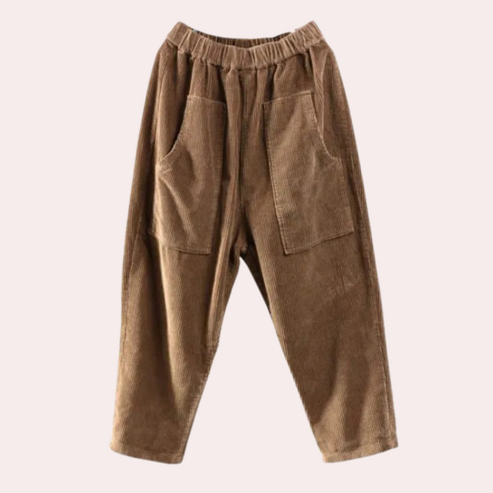 Loose fit women's corduroy trousers, ribbed velvet material. Comfortable casual pants for autumn style.