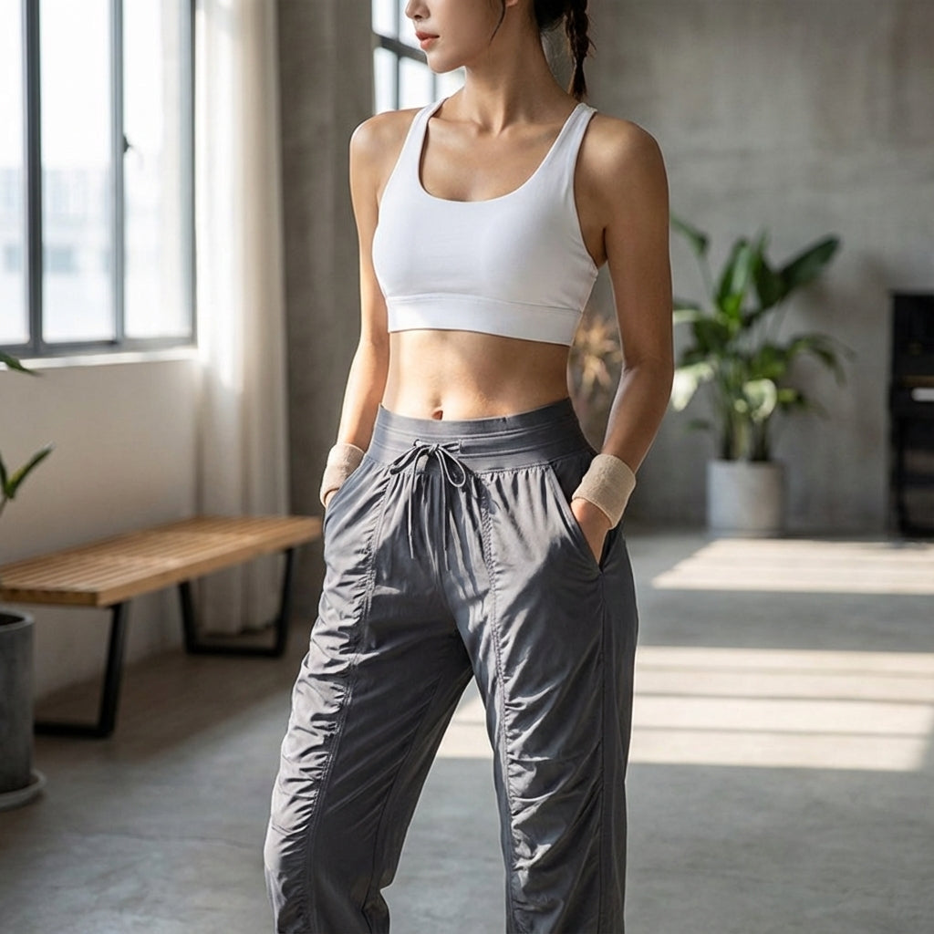 Women's casual cotton blend jogging trousers in grey, comfortable high-waist design for everyday wear