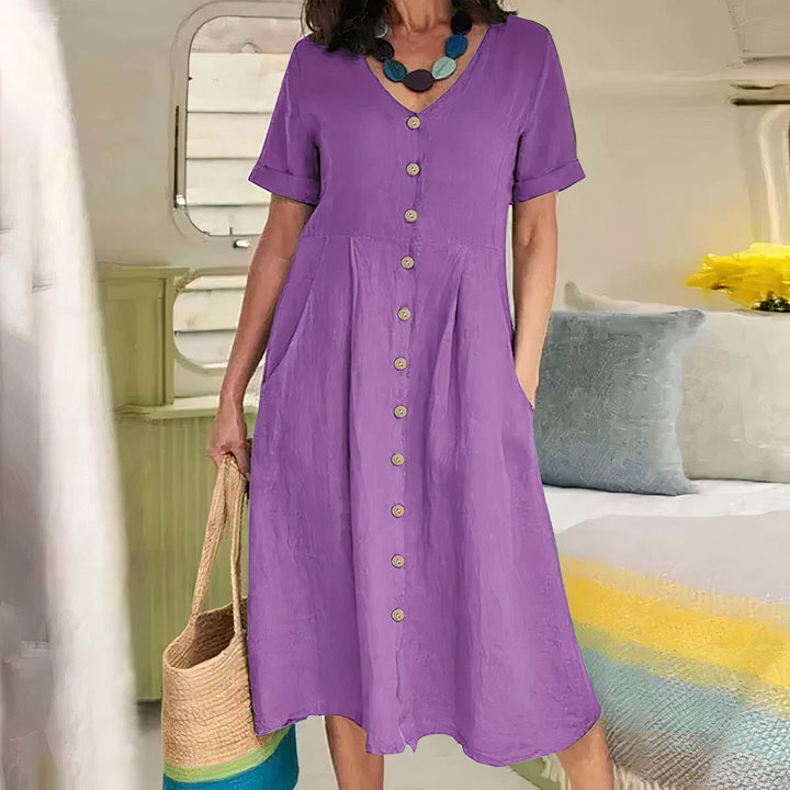 Summer casual women's midi dress, made from breathable cotton linen blend fabric, comfortable and stylish