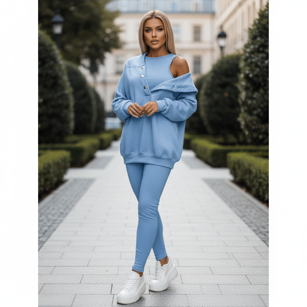 Women's casual cotton blend tracksuit set in black, comfortable loungewear two-piece with sweatshirt and trousers