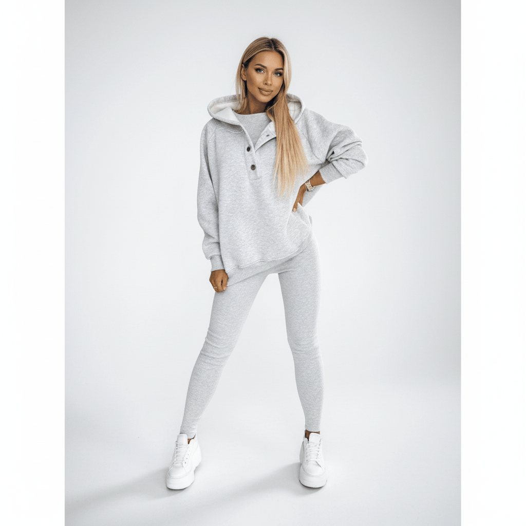Full-length shot of a women's green cotton blend tracksuit set, a two-piece activewear and casual wear staple