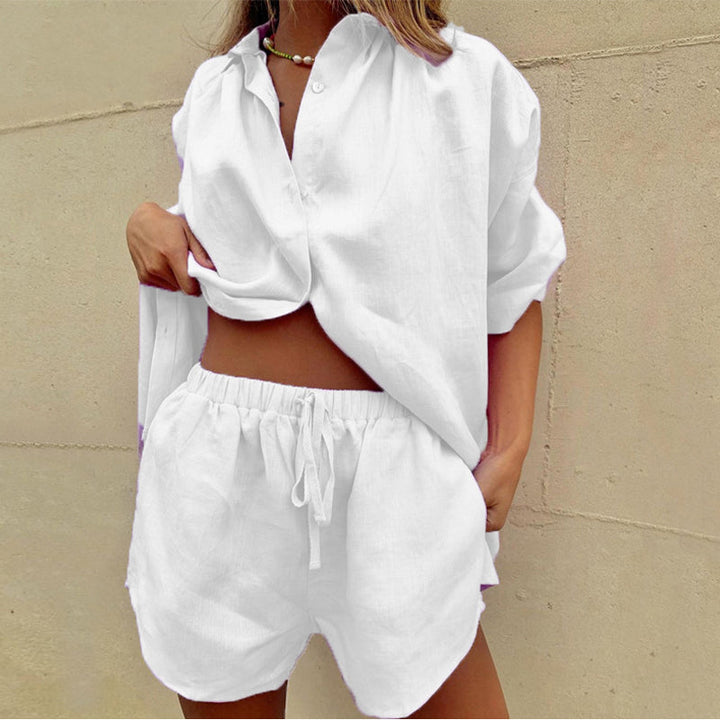 Stylish women's cotton two-piece outfit with shorts. Casual everyday wear, perfect for summer fashion.
