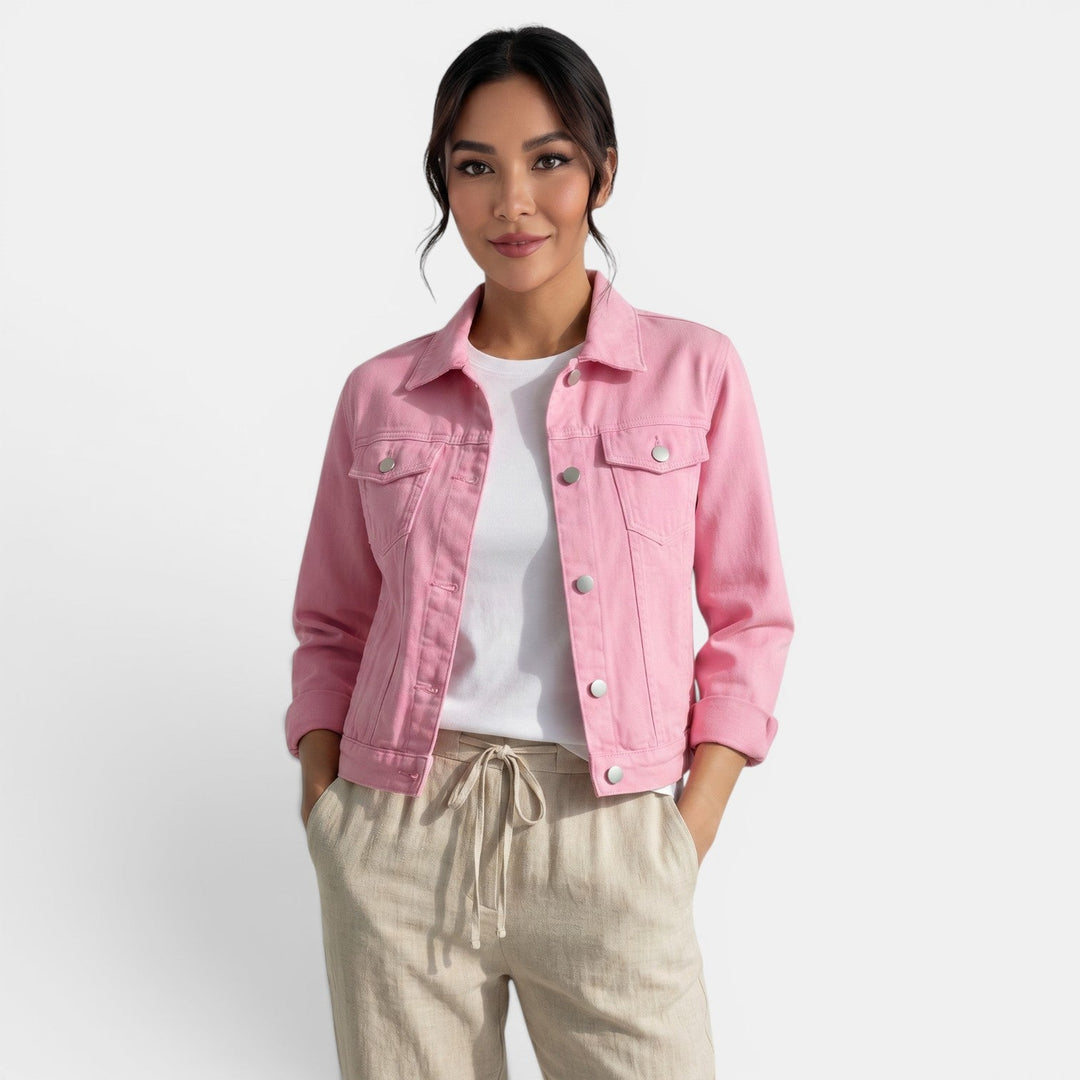 Detail of the stylish zipper & collar on this women's fitted jacket, a key feature for urban & casual wear.