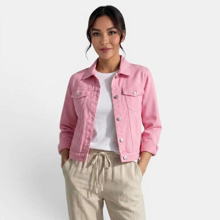 Detail of the stylish zipper & collar on this women's fitted jacket, a key feature for urban & casual wear.