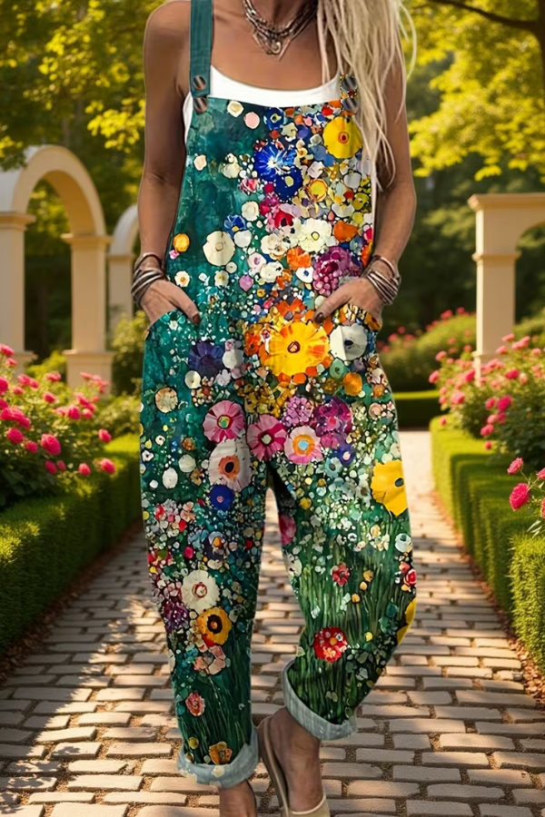 Women's casual floral suspender jumpsuit. Perfect for summer fashion, daywear, or vacation. Comfortable and easy to wear.