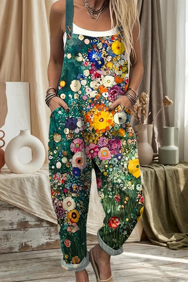 Comfortable women's floral suspender jumpsuit. Stylish daywear, perfect for summer fashion and easy vacation outfits.