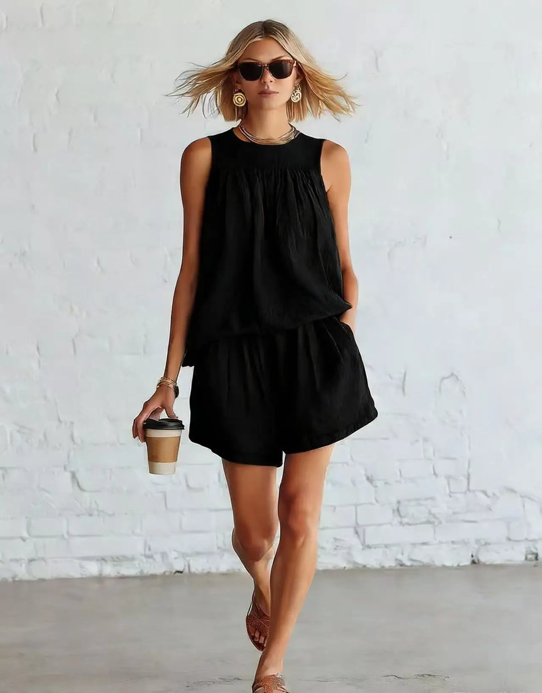 Relaxed women's gathered top & high-waist casual shorts set, ideal summer outfit or vacation lounge wear.