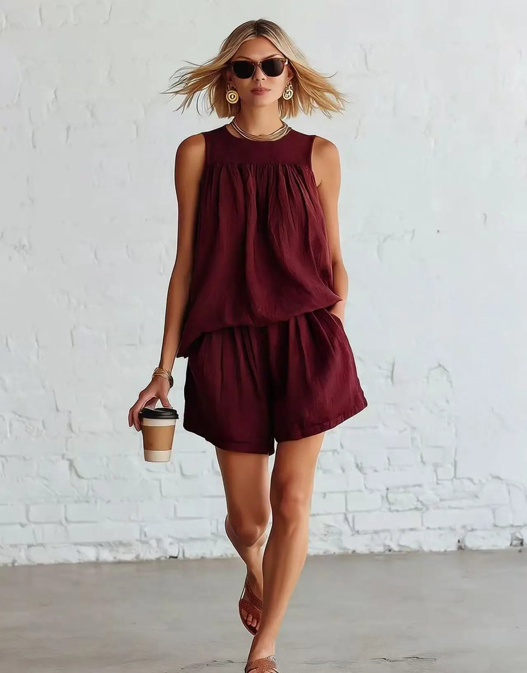 Stylish women's gathered top and comfortable high-waist shorts two-piece set, great for casual summer outings.