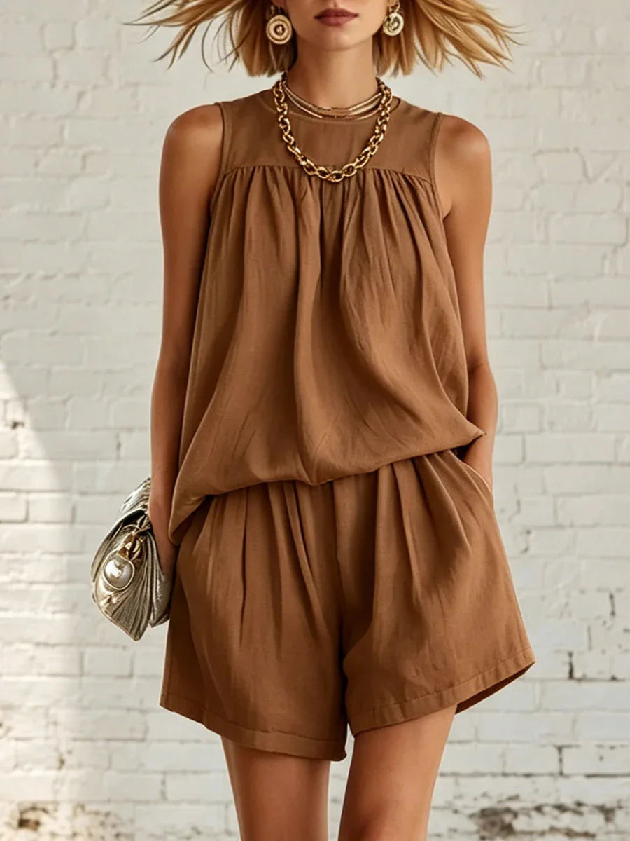 Versatile women's two-piece set: gathered top & high-waist shorts for chic casual, summer, or weekend wear.