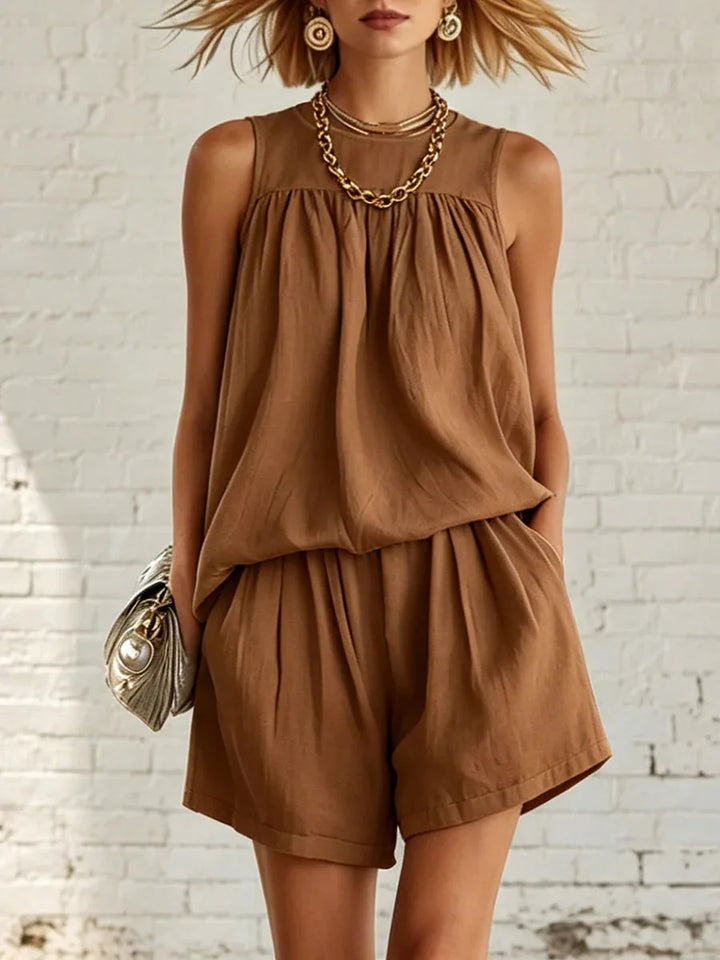 Versatile women's two-piece set: gathered top & high-waist shorts for chic casual, summer, or weekend wear.