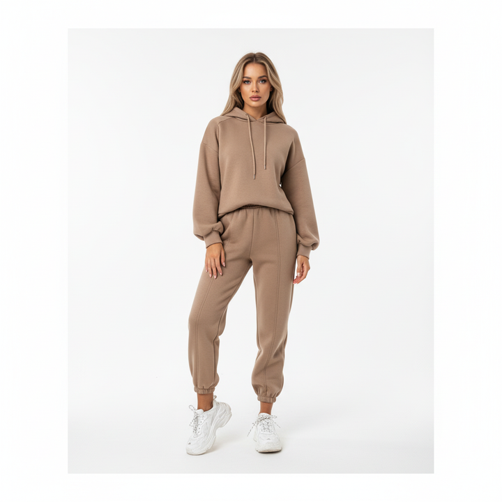 Two-piece women's loungewear set with a hooded long-sleeve top and elastic waist pants, fall fashion
