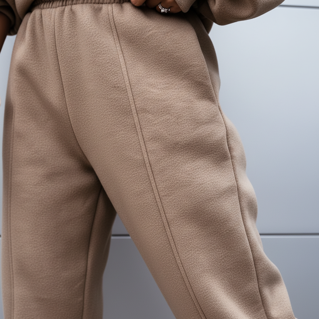 Detail of a woman wearing a 'Carla' hoodie set, showing soft fabric texture and relaxed fit