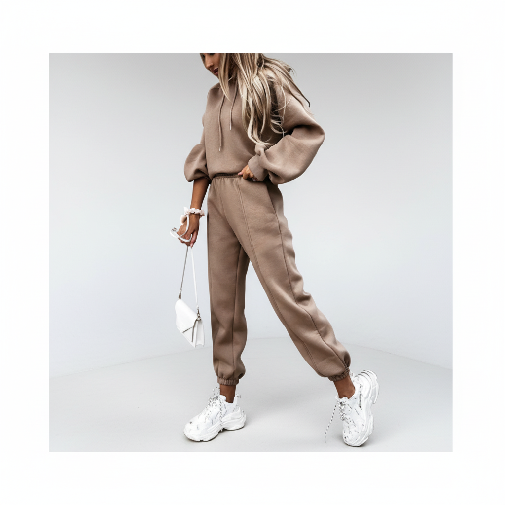 Full shot of a model in a cozy women's hoodie and jogger set, perfect for casual wear or athleisure