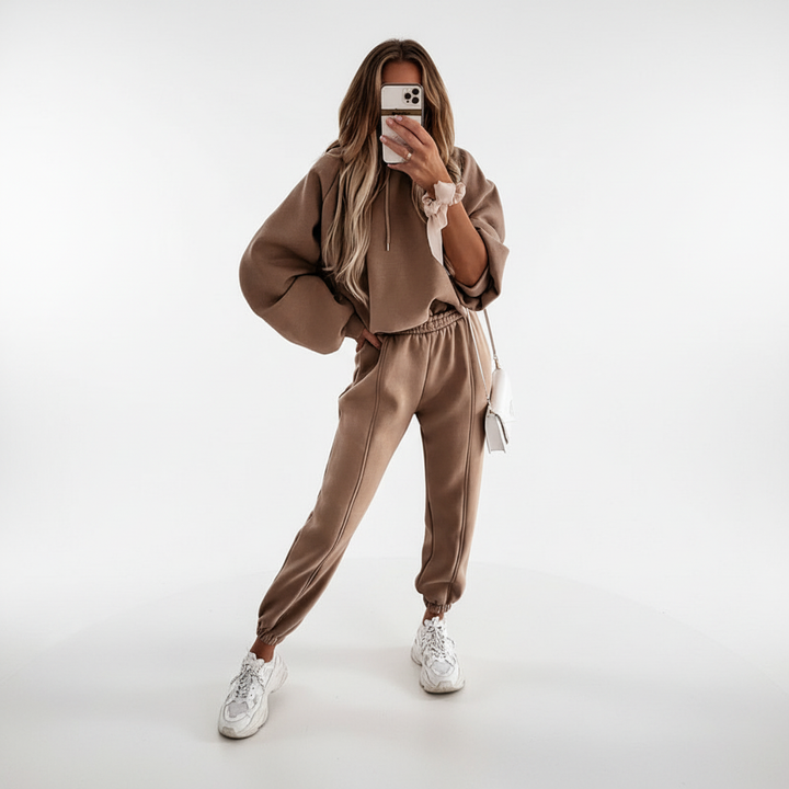 Close-up of the hoodie from the Carla loungewear set, featuring an adjustable drawstring hood