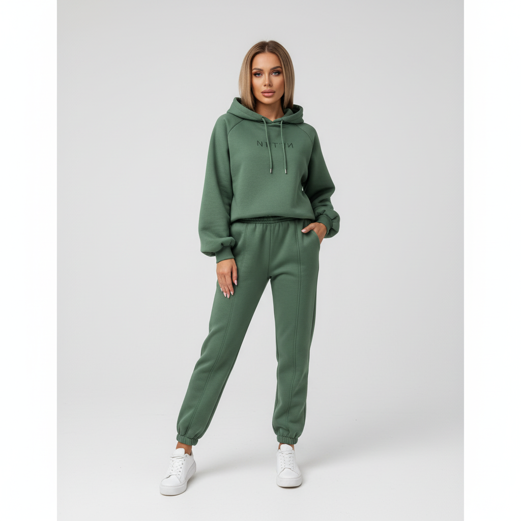 Women's comfortable two-piece jogger set in a neutral color, ideal for home or casual outings, winter fashion