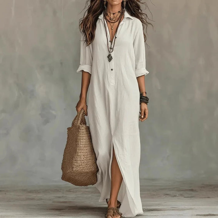 Women's casual half button maxi shirt dress with 3/4 sleeves & side split, perfect for summer everyday wear.