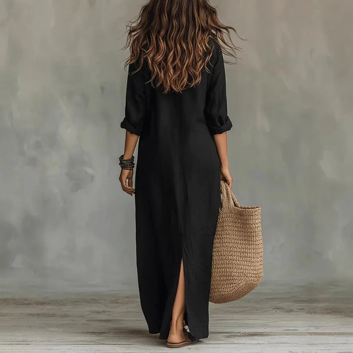 Boho chic women's loose fit maxi shirt dress with half buttons, 3/4 sleeves, and a comfortable side split.