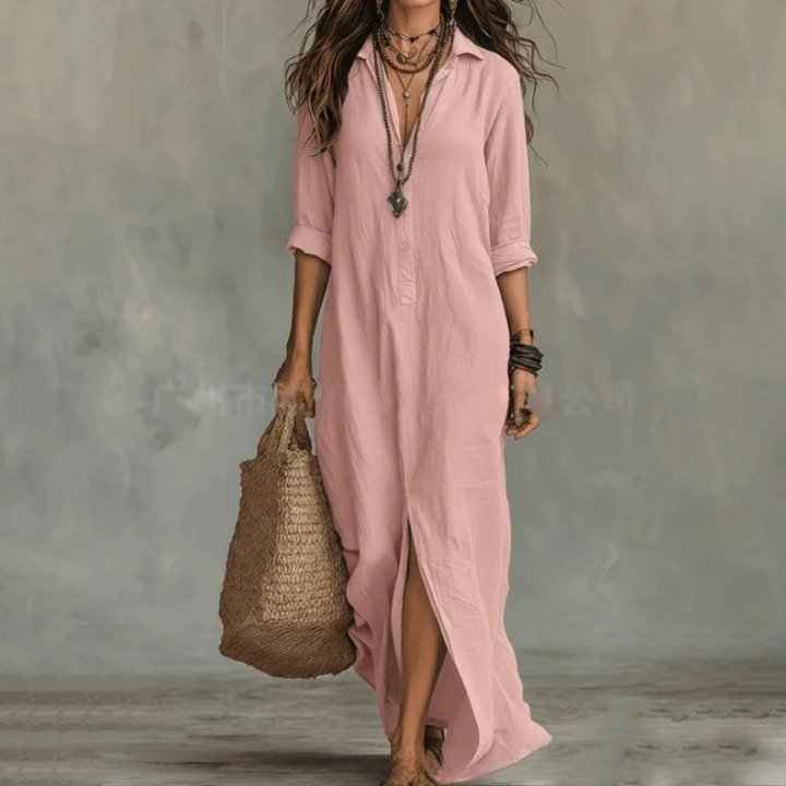 Comfortable everyday women's casual maxi dress. Loose fit shirt dress with half buttons and practical side split.