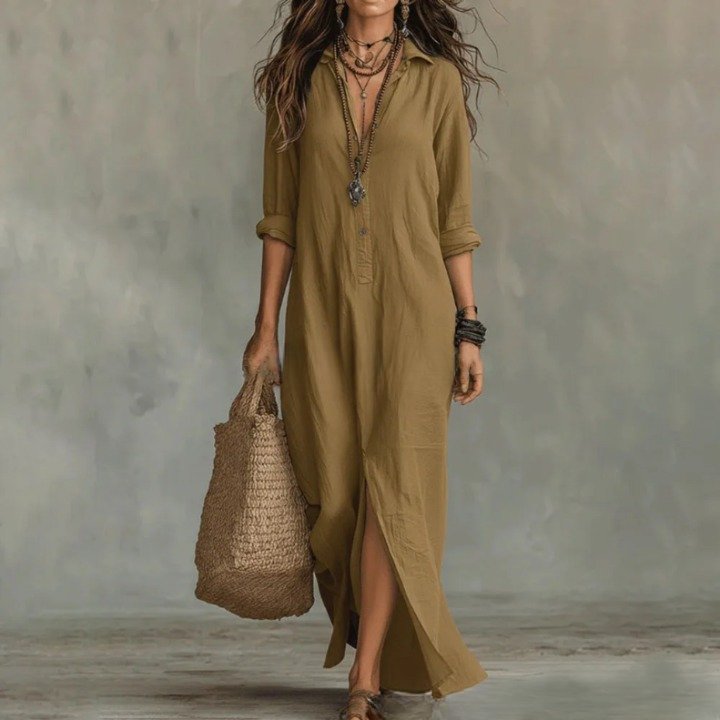 Stylish summer women's half button maxi dress. Features comfortable 3/4 sleeves and a chic side split design.