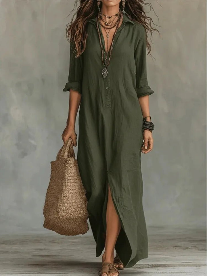 Casual women's shirt dress, a loose fit maxi with half buttons, 3/4 sleeves, and a fashionable side split.