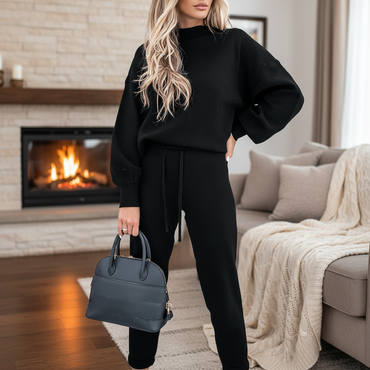 Women's casual high collar lounge set in cozy fabric, perfect for autumn and winter fashion