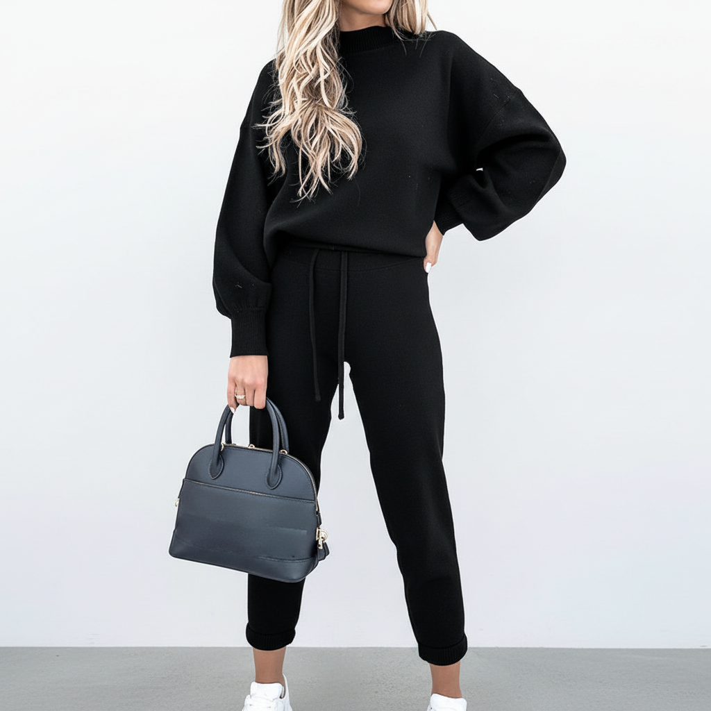 Stylish women's two-piece lounge wear with a high collar, comfortable and trendy