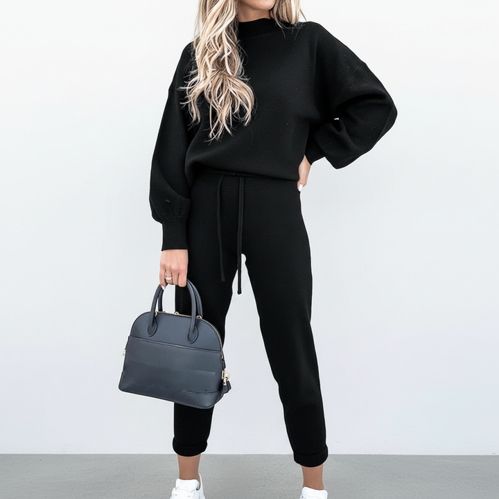 Stylish women's two-piece lounge wear with a high collar, comfortable and trendy