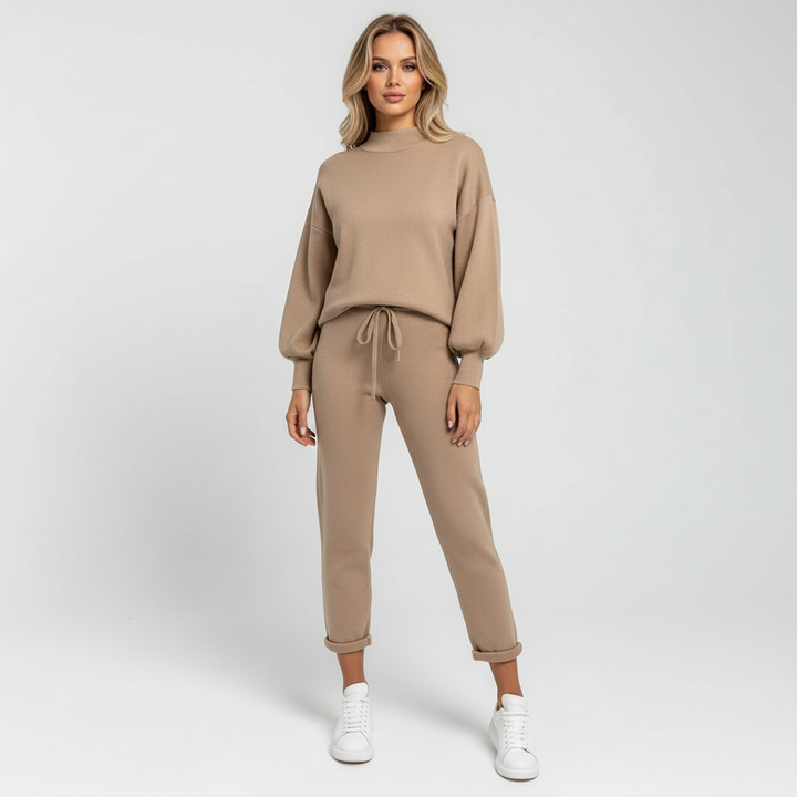 Autumn wear two-piece matching set for women, featuring a chic high collar design