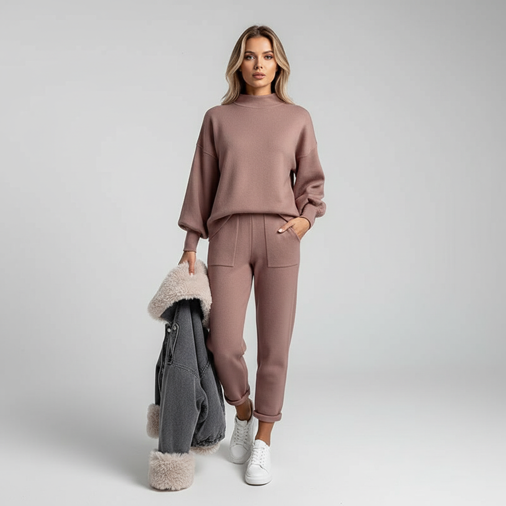 Matching two-piece women's lounge wear, high collar for elegance and warmth