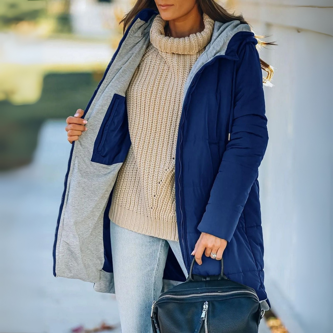Comfortable women's hooded puffer jacket, lightweight & warm for casual winter & fall outfits.