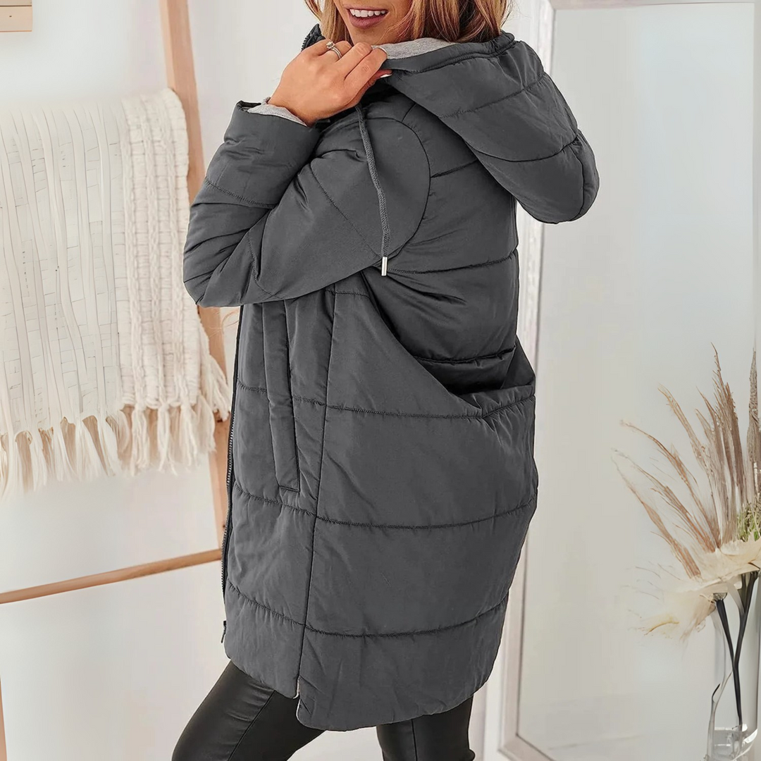 Versatile women's hooded puffer jacket, a stylish casual outerwear piece for chilly fall & winter.
