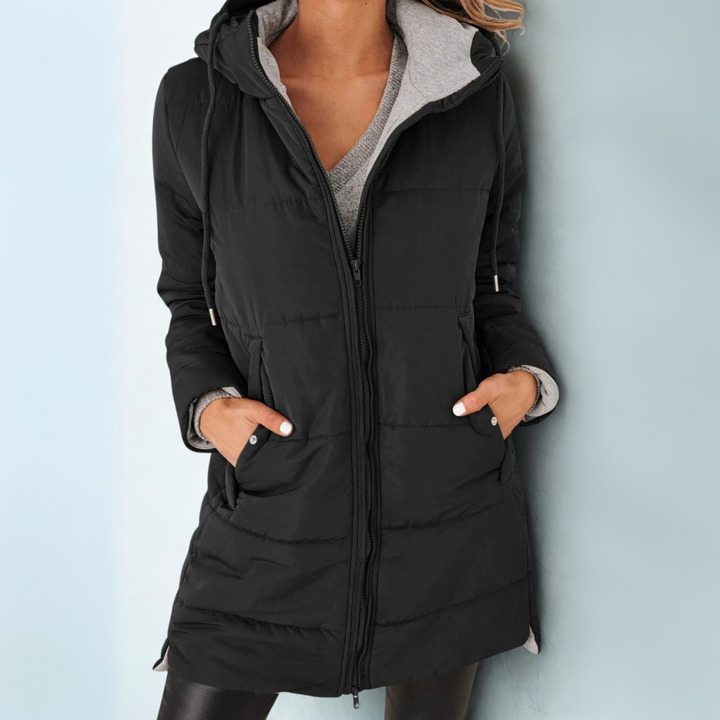 Cozy women's hooded puffer jacket, a perfect warm winter coat for everyday wear & fall fashion.