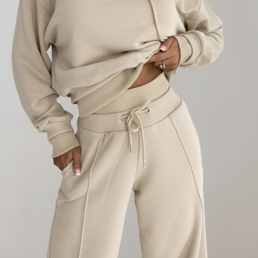 Model wearing a cozy women's hoodie and wide-leg pants set, ideal for casual autumn and winter outfits.